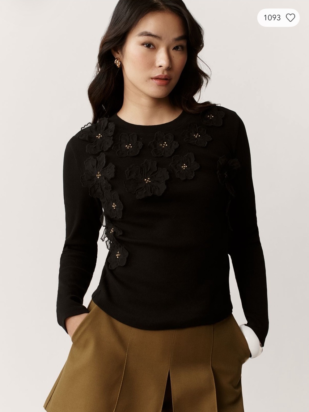 By Anthropologie Black 3d Floral-Appliqué Crewneck Sweater NWT
